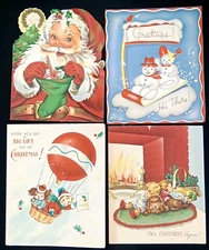 Vintage Christmas Greeting Card Set Of 4 Snowman & Santa Holiday Ephemera 1940s