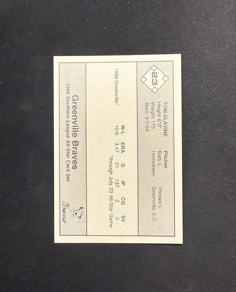 Greenville Braves 1986 Tom Glavine #23 casi nuevo-como nuevo HOF novato ¡¡RC!!! Foto 2 de 2