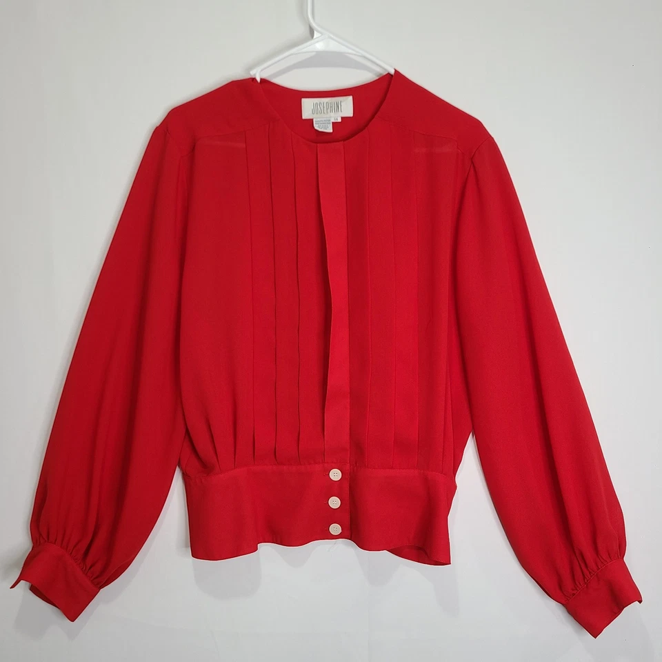 Blusa De Colección Josephine Roja Transparente Plisada Con Botones Manga Larga Negocios Talla 14 Foto 4 de 4