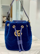 Gucci GG Marmont Mini Bucket Bag Royal Blue Quilted Velvet Drawstring Pink Satin