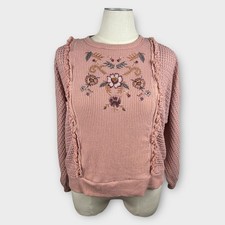 Knox Rose Pink Waffle Knit Floral Embroidered Raw Hem Sweater Top XXL Boho