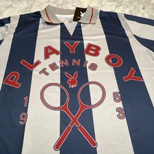 Playboy Tennis Club Polo Shirt Men Large Stripes Grey Blue Graphics NWT