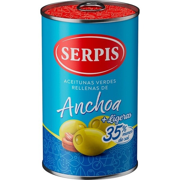 6x Serpis Olivas rellenas de Anchoas 35% más ligeras menos sal sin gluten 130gr