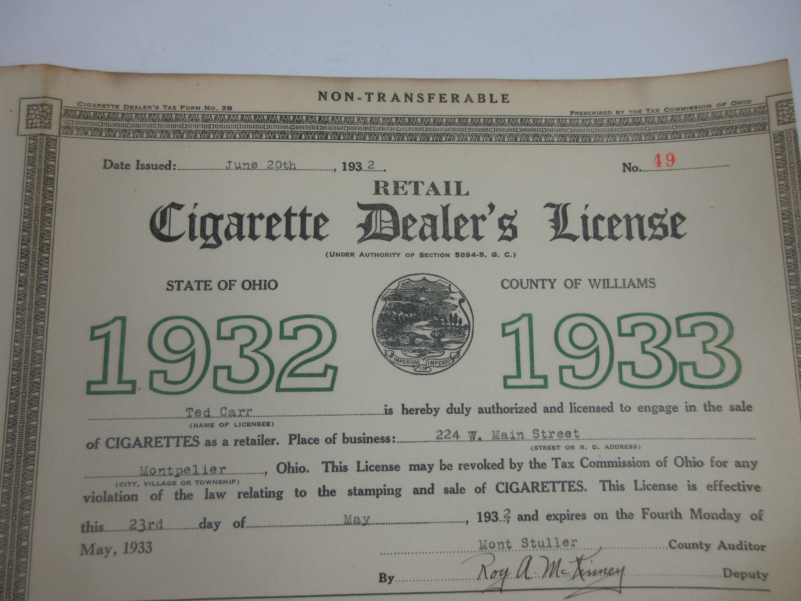 vintage 1932 Montpelier Ohio Cigarette Dealer's License business permit ephemera eBay