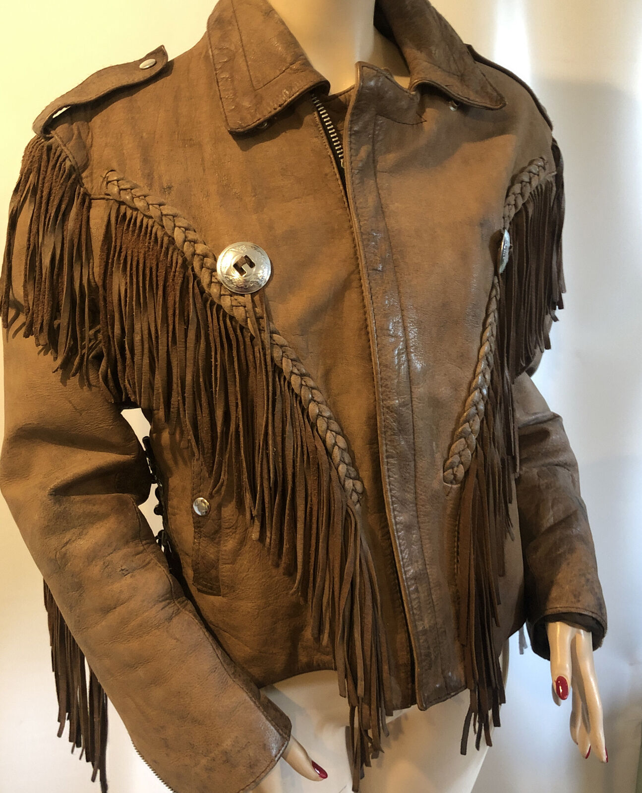 First Genuine Western Brown Leather Fringe Concho Motorcycle Biker Jacket  M-L | eBay