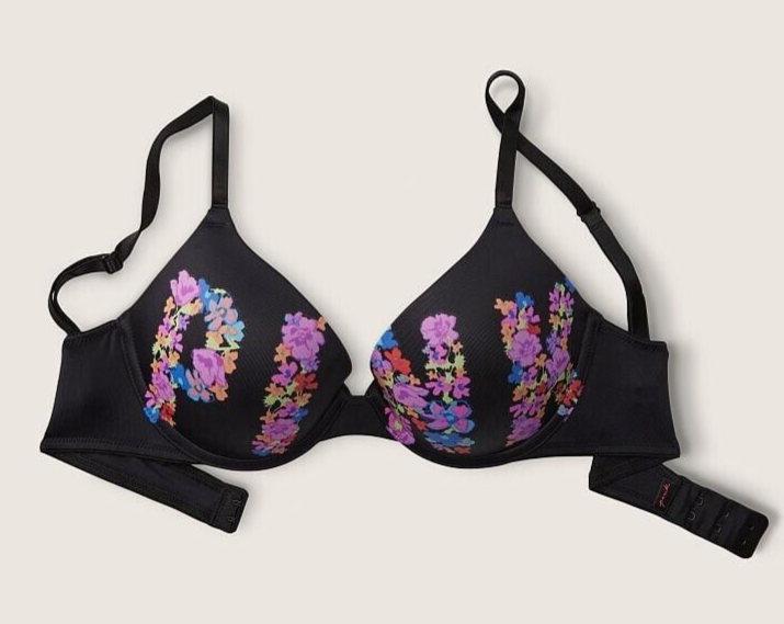 Victoria's Secret Pink Floral Logo Push Up Bra + Shortie Panties