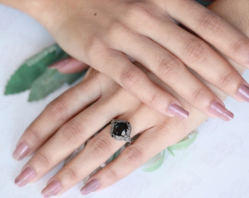 Vintage Black Silver Oval Engagement Ring - Gothic Wedding Jewelry Handmade Ring - Image 2 of 4