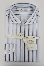 NWT LUIGI BORRELLI White Blue Striped Cotton Classic Fit Dress Shirt 17 1/2 44