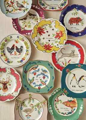 NEW Anthropologie Lou Rota 12 Twelve Days Christmas Dessert Plates