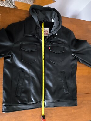 Levi's Men's Hooded Black Leather Jacket Sherpa Lined Sz M Faux