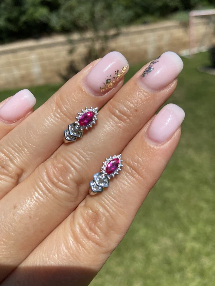 Estate Synthetic Ruby White Quartz 10K Gold Fancy J Hoop Earrings - Image 2 of 4