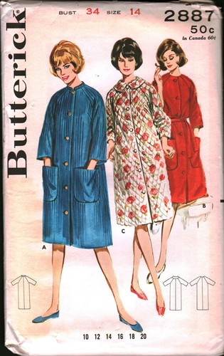 2887 Vintage Butterick SEWING Pattern Misses 1960s Front Buttoned Raglan Robe 14