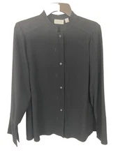 Carlisle Black Blouse SZ 6 Button Front LS  Mandarin Collar Minimalist Luxury
