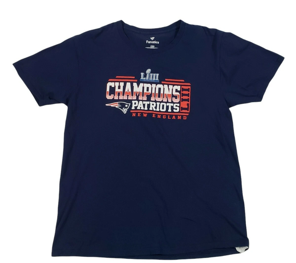 New England Patriots Super Bowl LIII 2019 Champions Fanatics T Shirt Size L Blue