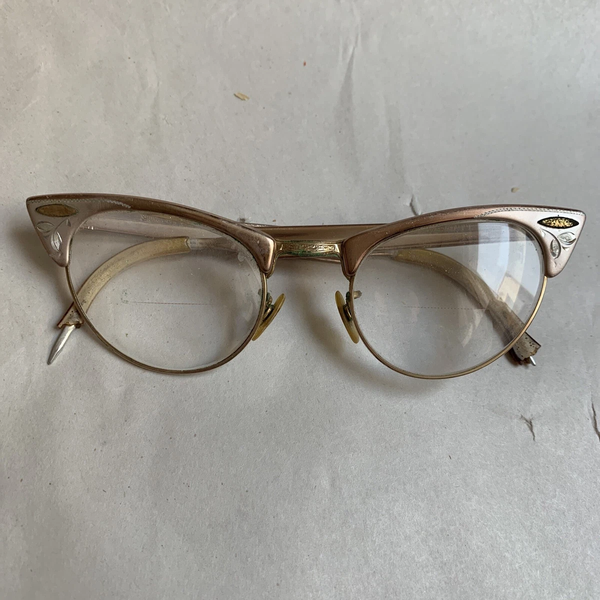 Shuron VTG 12K GF Eyeglasses Frames Pink Cat Eye Alum 1950 s 4 1 4