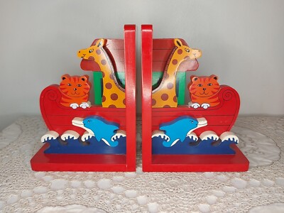 Vintage Kinder Buchstützen Arche Noah bemalt Holz rote Katze, Delfin & Giraffe