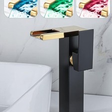 LED Tall Bathroom Vessel Faucet Waterfall Gold Black Lavatory Single Hole Mixer