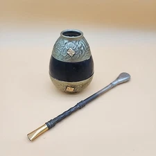 Vintage Alpaca Argentina Industrial Yerba Tea Gourd With Bombilla Straw