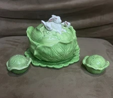 Vintage 1966 Holland Mold Ceramic Cabbage Lidded Bowl Plate Shakers 3 Bunnies