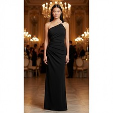 Night Way Collections Black One Shoulder Ruched Gown Rhinestone Buckle Small