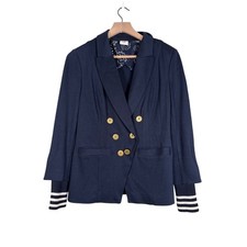 Cabi Navy Double Breasted Blazer Gold Anchor Button Striped Cuff Size 8 Nautical