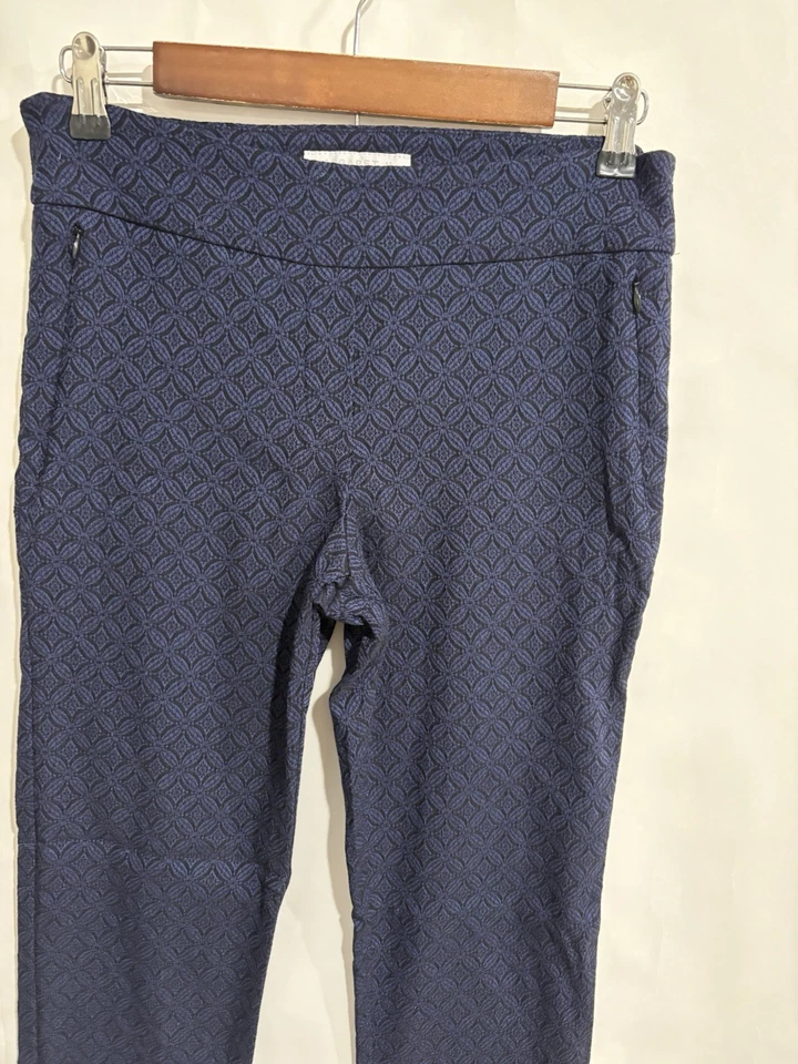 Margaret M Slimming Pants Pull-On Invisible Side Zip Pockets Geometric Navy Sz M - Image 2 of 4