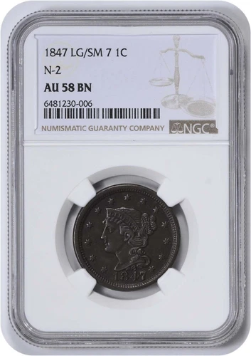 1847 Large Cent Large/Small 7 AU58BN NGC