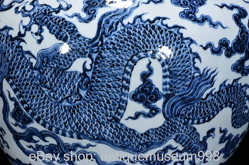 14" Ming Xuande gekennzeichnet blau weiß Porzellan Drachen Muster Pot Jar Crock - Bild 8 von 9