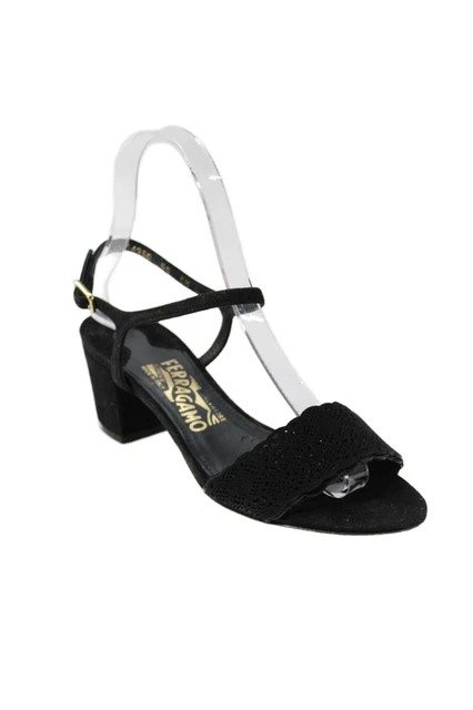 Salvatore Ferragamo Womens block Heel Laser Cut Ankle Strap Sandals Black 5.5D