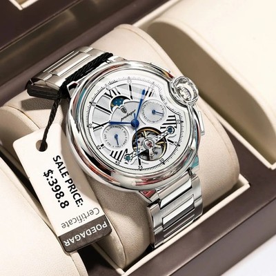 POEDAGAR Luxus Herren Automatik Uhr Tourbillon Skelett Edelstahl Milita