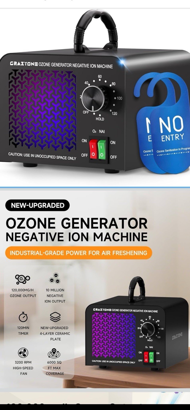 120,000mg/h Ozone Generator, Powerful Machine 6000 Sq Ft Black