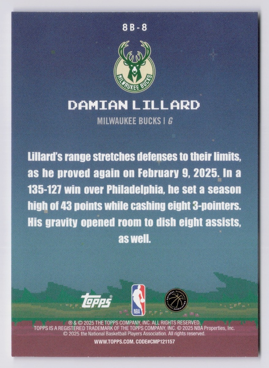 2025-26 Topps 8 Bit Ballers Damian Lillard #8-B8 MILWAUKEE BUCKS