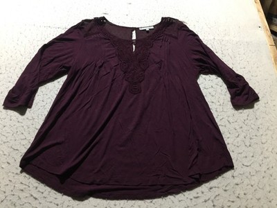 Daniel Rainn Blouse Plus Size 1X Purple Lace Accent 1/2 Sleeve See Through Back