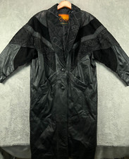 Vtg 80s Outbrook Leather Trench Coat Car Jacket Navajo Tribal Large Petite Black