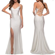 NEW LA FEMME White SATIN Jersey STRAPPY BACK Sultry SLIT Evening COLUMN GOWN 6