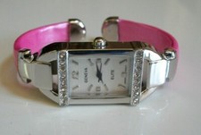 WOMEN'S PINK LEATHER BAND SILVER FINISH RHINESTONE BANGLE CASUAL DRESSY WATCH