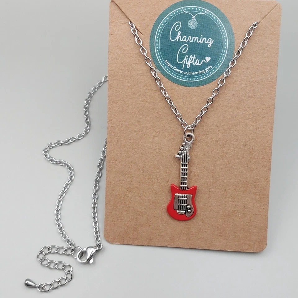 Collar de guitarra eléctrica roja - Joyería de música rock para amantes de la guitarra Foto 2 de 4