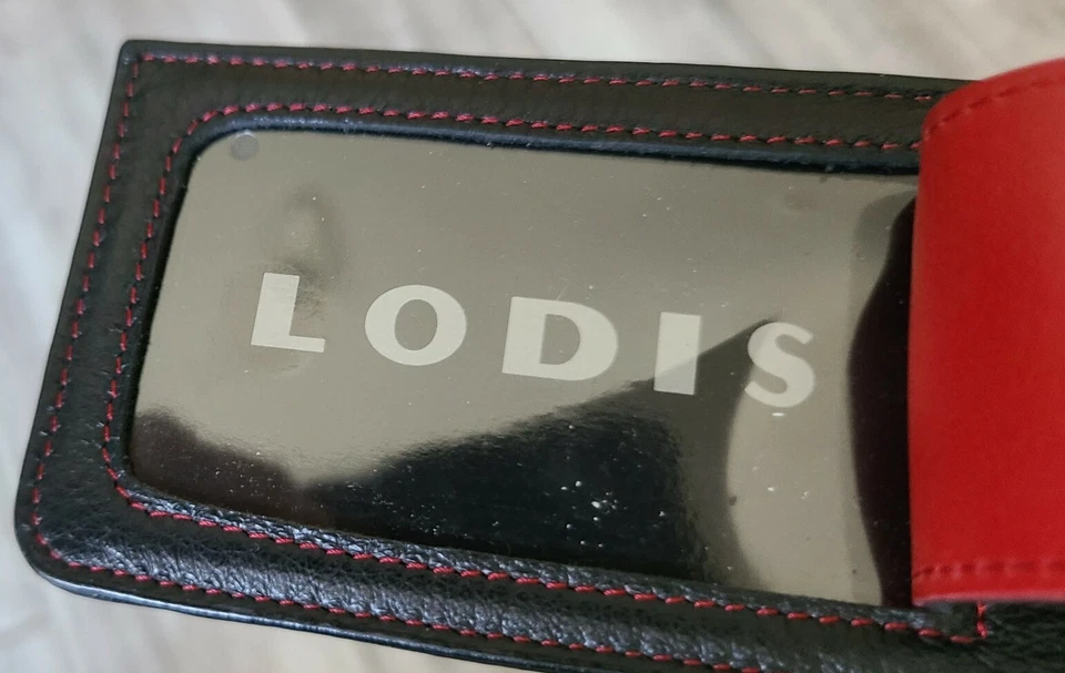 Bolso/equipaje de cuero negro con costuras rojas y forro de cuero Lodis etiqueta de identificación nuevo. Foto 2 de 4