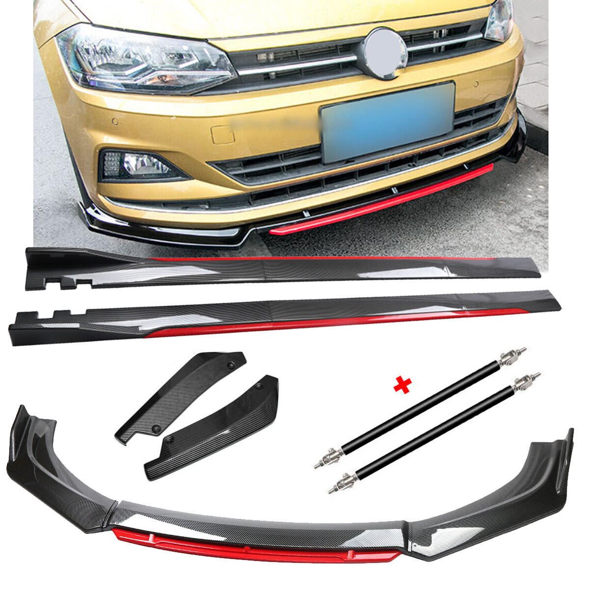 Carbon Fiber Look Front Lip Chin Bumper Side Skirt For Volkswagen VW Polo Plus