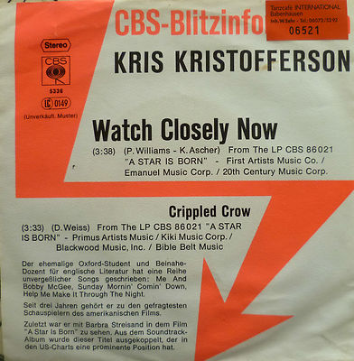 7'' CBS-BLITZ OST 1876 VG++ KRIS KRISTOFFERSON Watch Closely Now (A Star is Born)