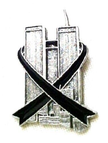 NY Twin Towers Hero Black Ribbon Pewter Pin Memory 9-11-01 Fireman