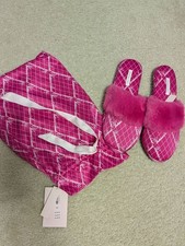 Victoria's Secret Pink Plaid Satin Slide Slippers with Faux Fur