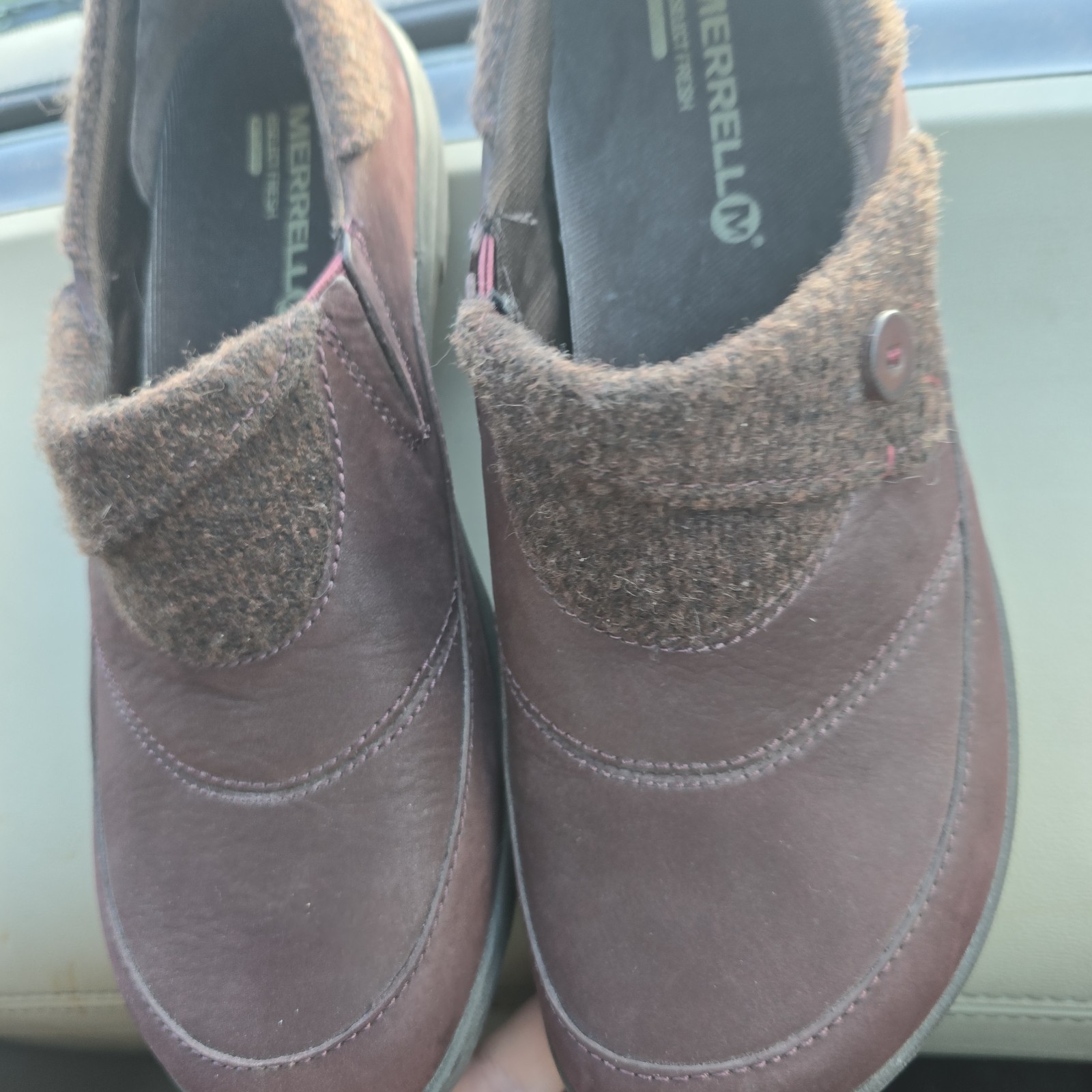 Scarpe da donna Merrell Andorra marrone pelle e lana casual slip on mules taglia 8