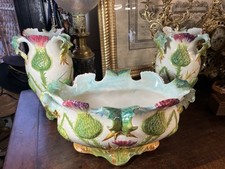 Garniture de Cheminée en barbotine, Décor aux Chardons Signée Delphin Massier