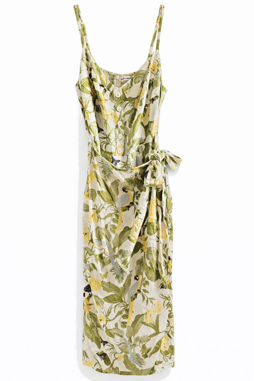 Reformation Green Floral Midi Dress Tie Waist Button Front Summer