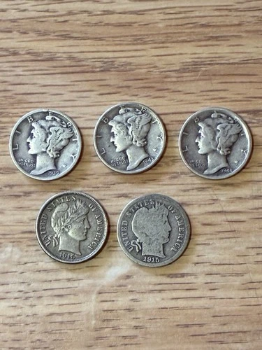 LOT OF 5 - U.S. 90 % SILVER DIMES Includes Barber 1915-S Better Date