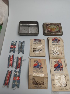 Vtg 40 Assorted Carlisle Brand Fish Hooks & Leaders In Packers Tar Soap Tin Nice
