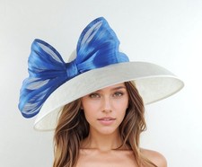 White Royal Blue Elegant Kentucky Derby Hats Ascot Church Race Day Tea Garden