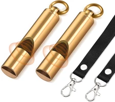 Brass Emergency Whistles 2 Pack with Tangle-Free Lanyard - Pealess Safety Whistl