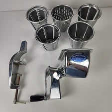 Vtg SALAD-MASTER Food Processor Chopper Shredder Slicer 5 Cones Vise Base